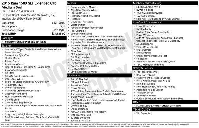 2015 RAM 1500 2WD Quad Cab 6.4 Ft Box SLT in Bright Silver Clearcoat Metallic — front three-quarter view